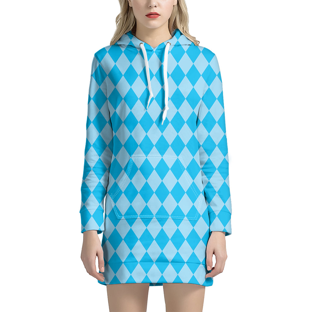 Blue Harlequin Pattern Print Hoodie Dress