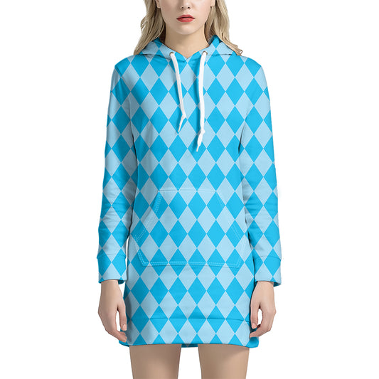 Blue Harlequin Pattern Print Hoodie Dress