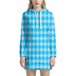 Blue Harlequin Pattern Print Hoodie Dress