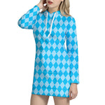 Blue Harlequin Pattern Print Hoodie Dress