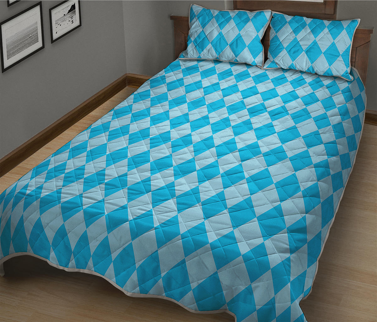 Blue Harlequin Pattern Print Quilt Bed Set