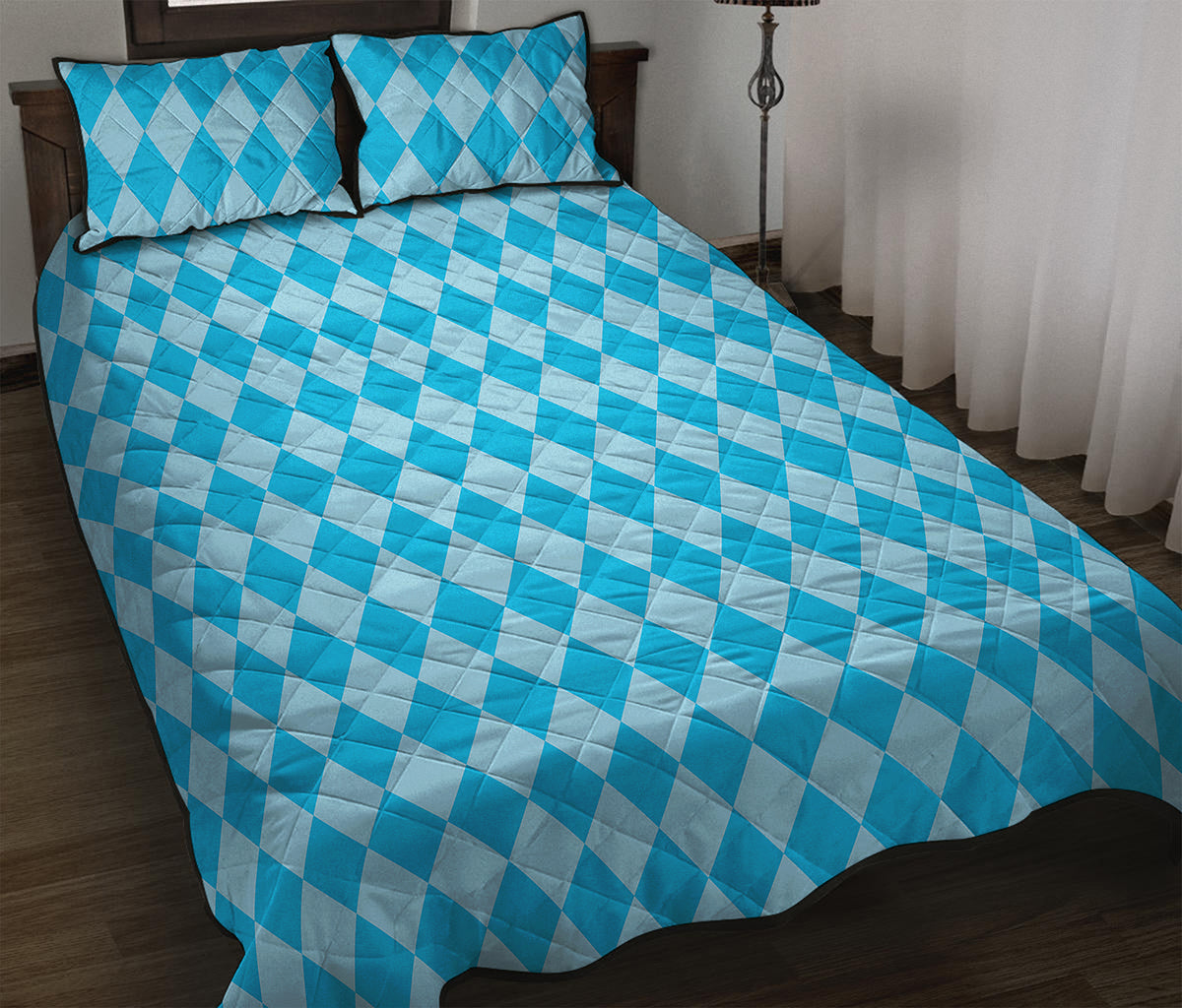 Blue Harlequin Pattern Print Quilt Bed Set