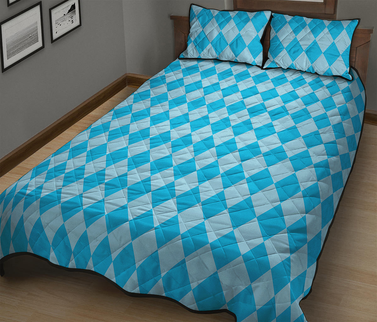 Blue Harlequin Pattern Print Quilt Bed Set