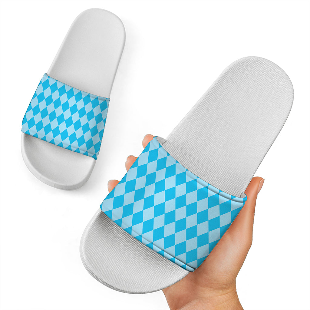 Blue Harlequin Pattern Print White Slide Sandals