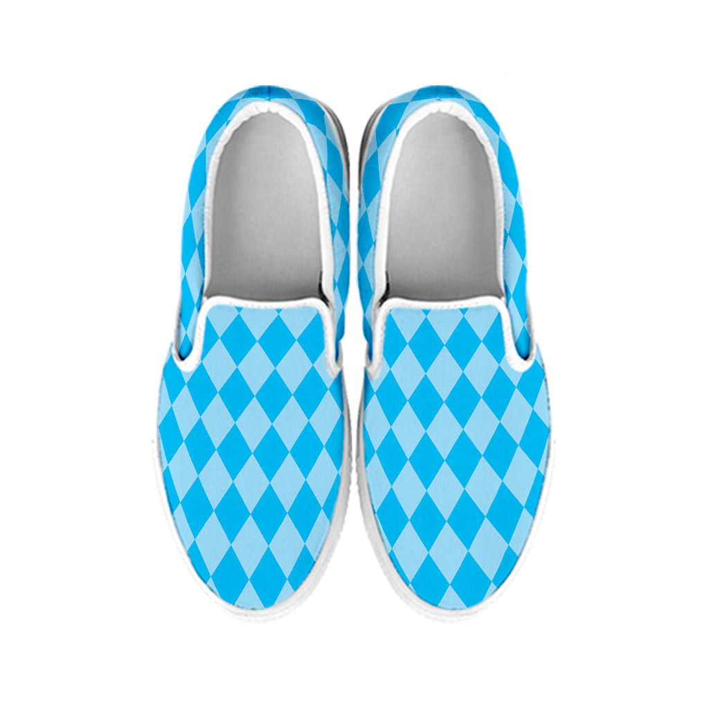 Blue Harlequin Pattern Print White Slip On Shoes