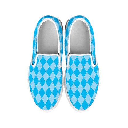 Blue Harlequin Pattern Print White Slip On Shoes