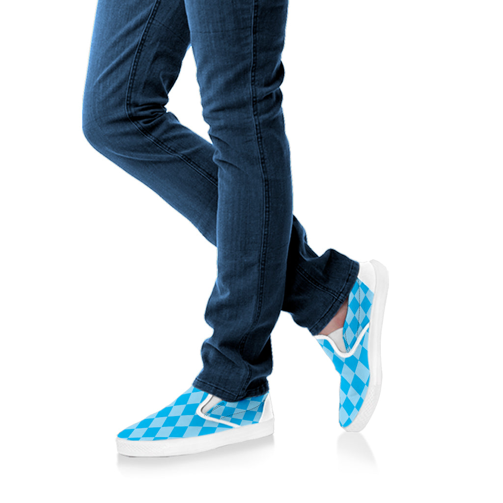 Blue Harlequin Pattern Print White Slip On Shoes