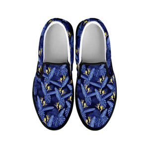 Blue Hawaiian Tropical Pattern Print Black Slip On Shoes