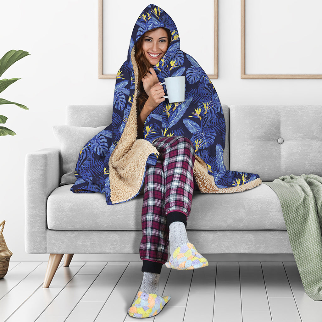 Blue Hawaiian Tropical Pattern Print Hooded Blanket