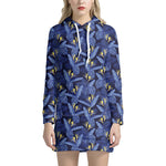 Blue Hawaiian Tropical Pattern Print Hoodie Dress