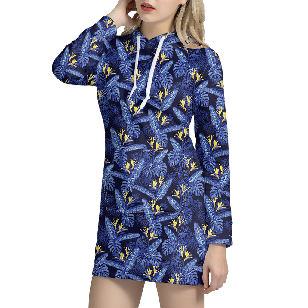 Blue Hawaiian Tropical Pattern Print Hoodie Dress