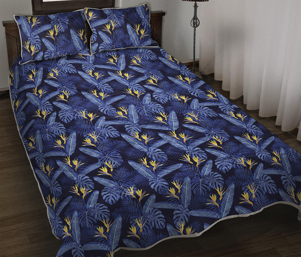 Blue Hawaiian Tropical Pattern Print Quilt Bed Set