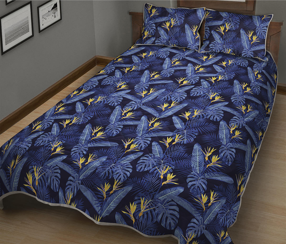 Blue Hawaiian Tropical Pattern Print Quilt Bed Set