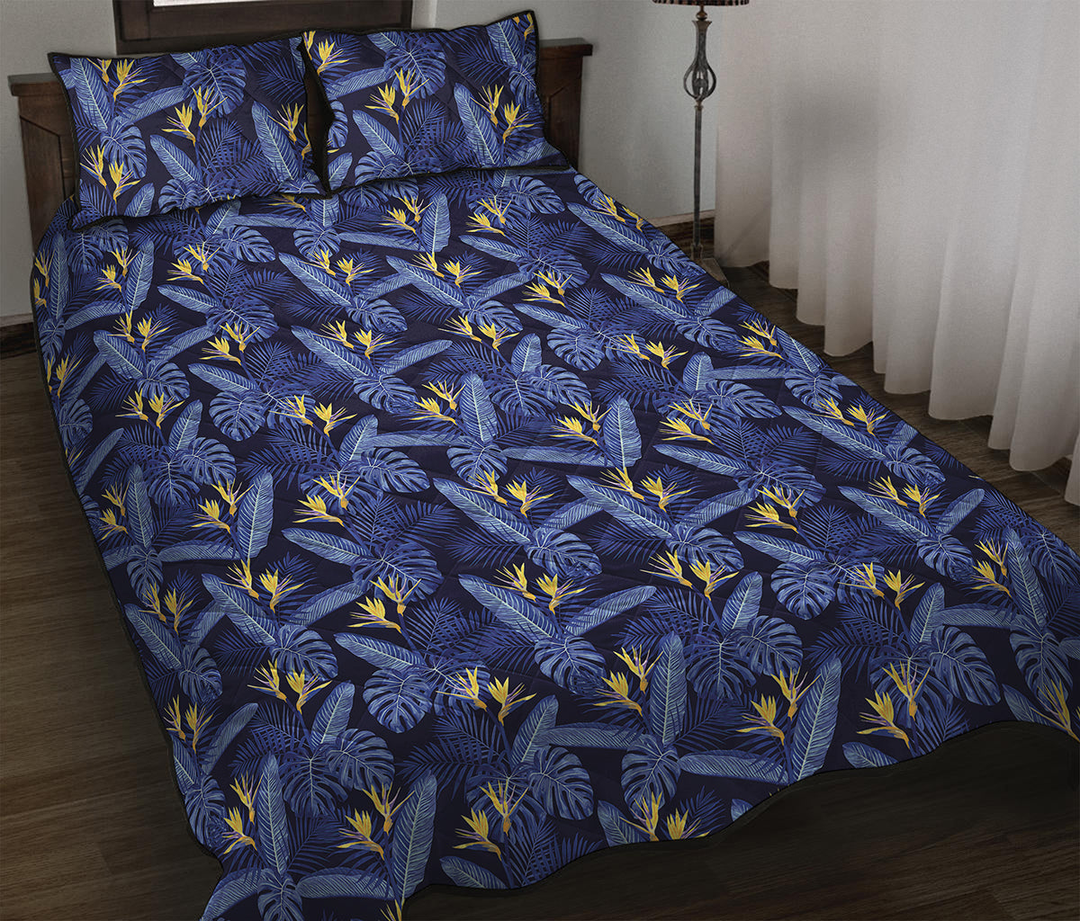 Blue Hawaiian Tropical Pattern Print Quilt Bed Set