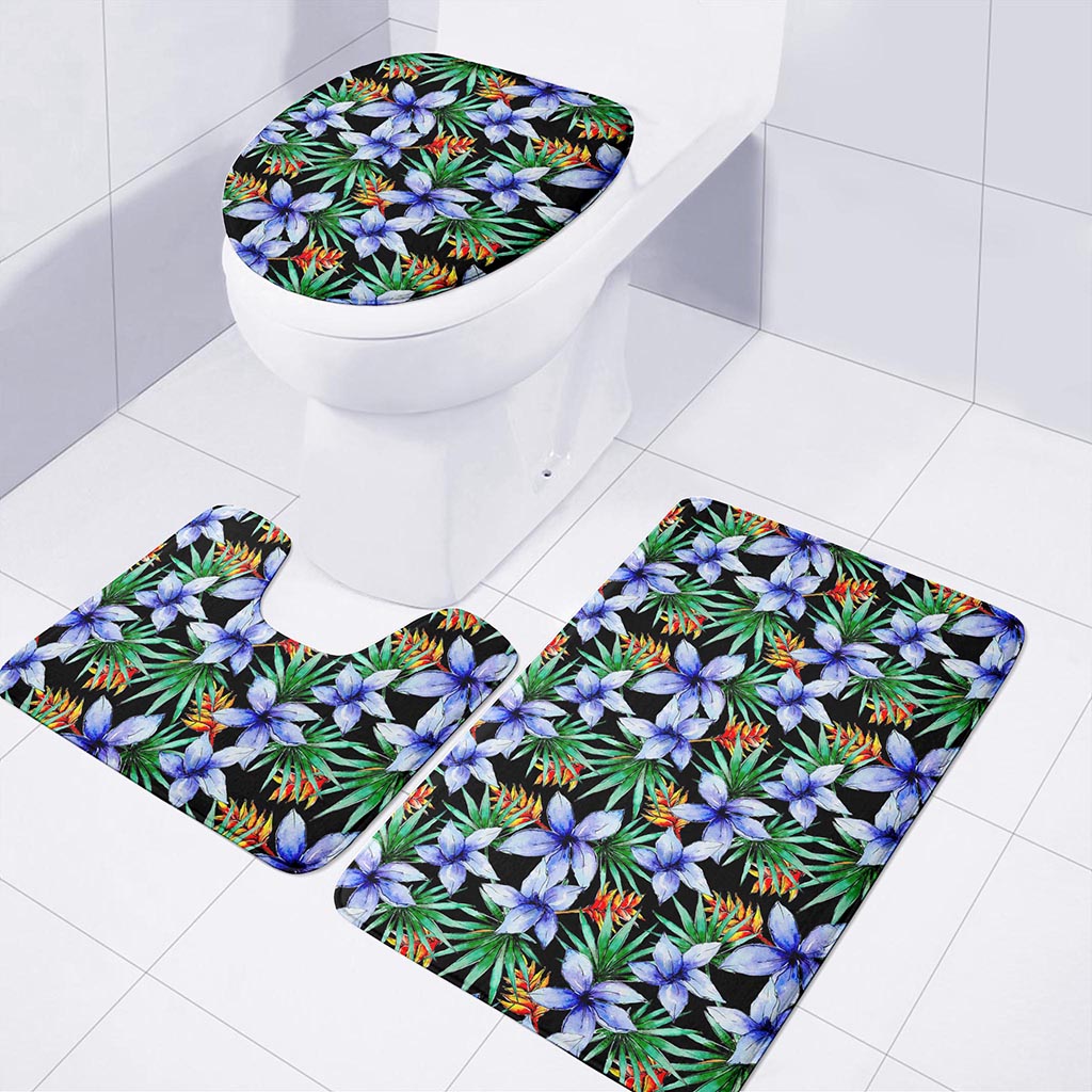 Blue Hawaiian Wildflowers Pattern Print 3 Piece Bath Mat Set