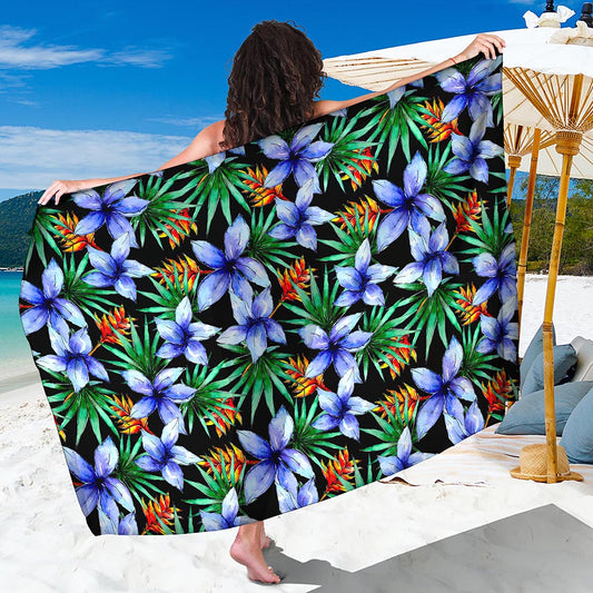 Blue Hawaiian Wildflowers Pattern Print Beach Sarong Wrap