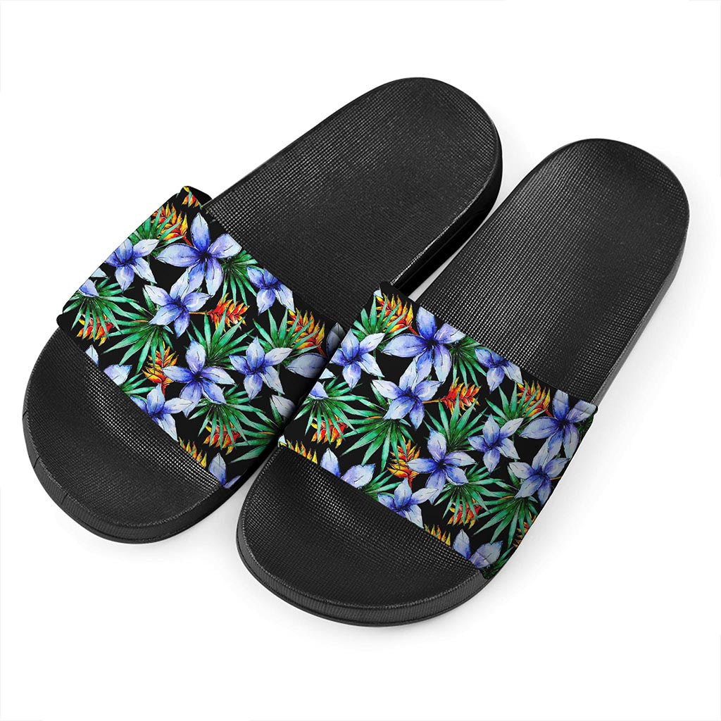 Blue Hawaiian Wildflowers Pattern Print Black Slide Sandals