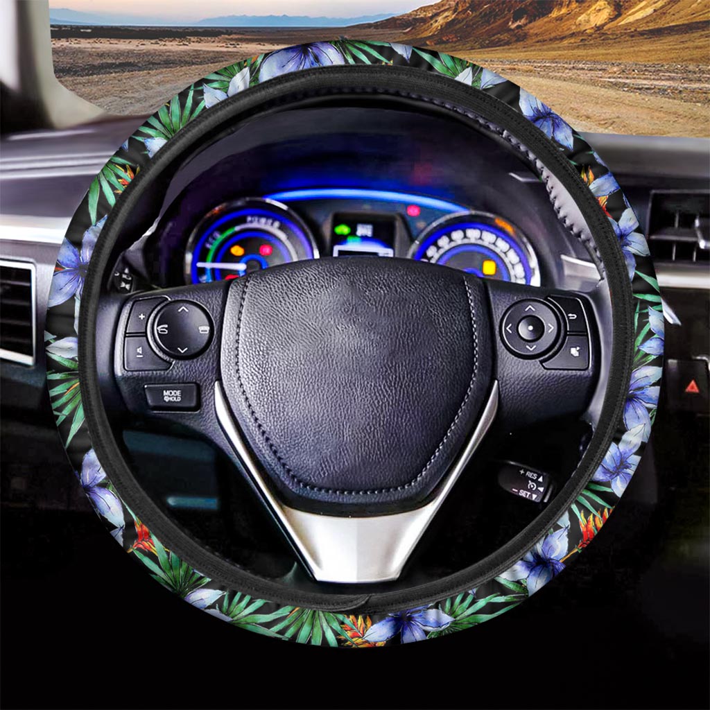 Blue Hawaiian Wildflowers Pattern Print Car Steering Wheel Cover