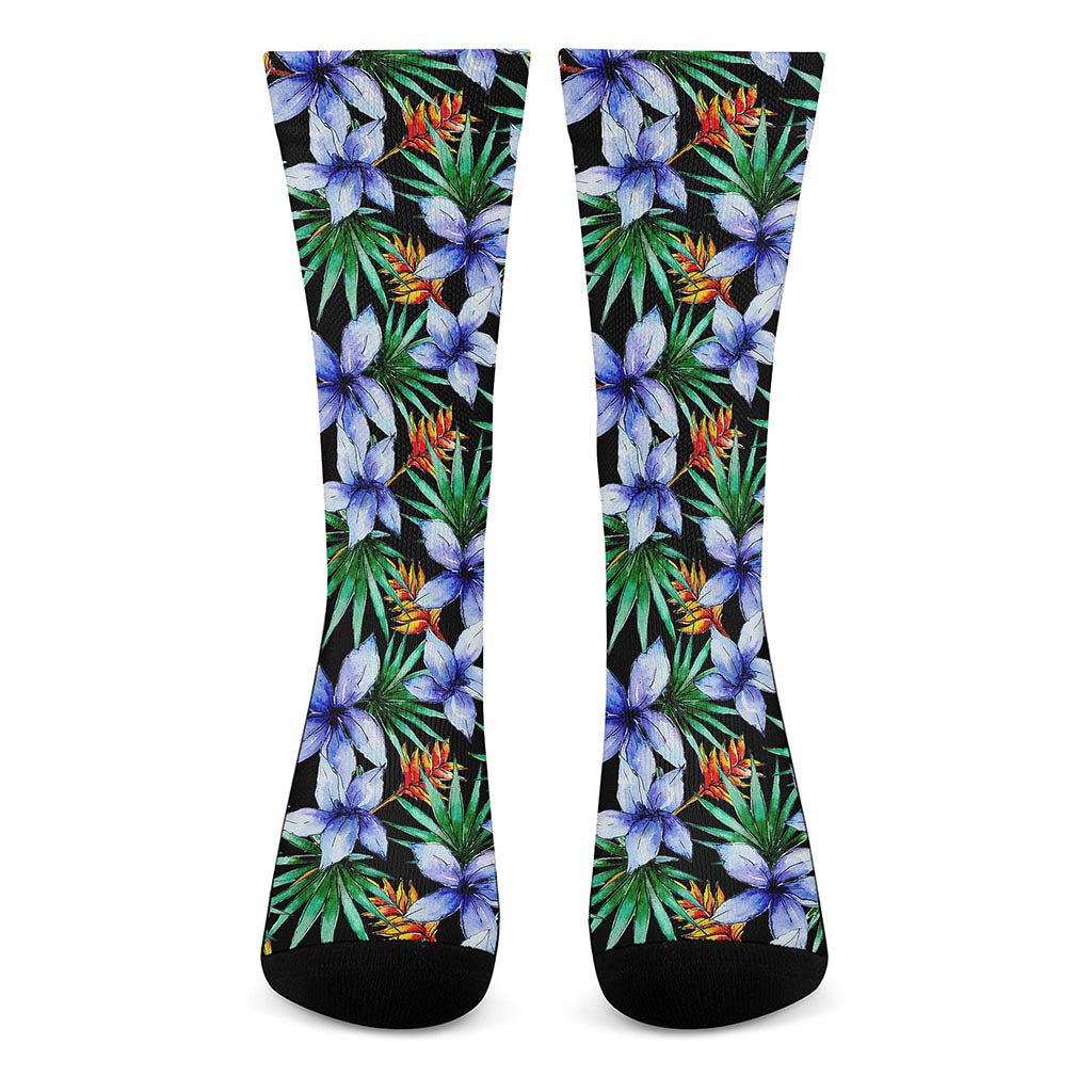 Blue Hawaiian Wildflowers Pattern Print Crew Socks