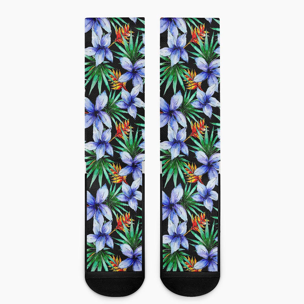 Blue Hawaiian Wildflowers Pattern Print Crew Socks