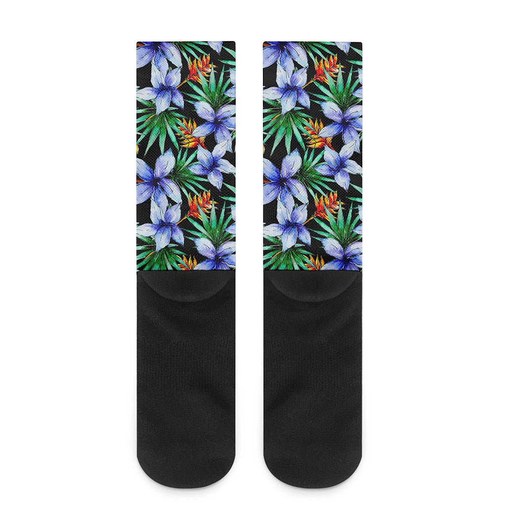 Blue Hawaiian Wildflowers Pattern Print Crew Socks