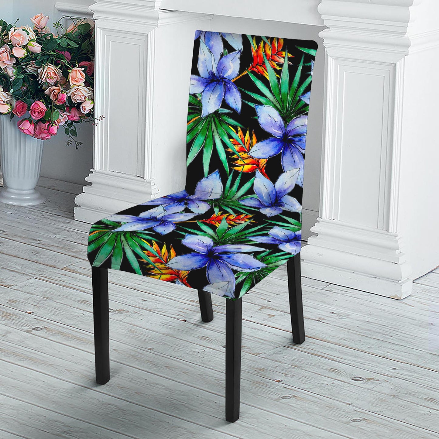 Blue Hawaiian Wildflowers Pattern Print Dining Chair Slipcover