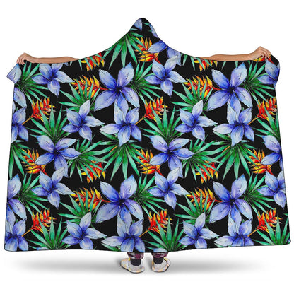 Blue Hawaiian Wildflowers Pattern Print Hooded Blanket