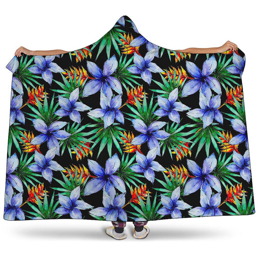 Blue Hawaiian Wildflowers Pattern Print Hooded Blanket