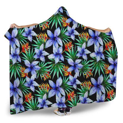 Blue Hawaiian Wildflowers Pattern Print Hooded Blanket