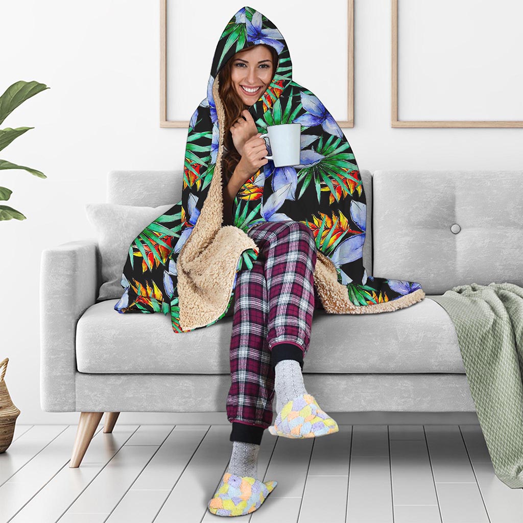 Blue Hawaiian Wildflowers Pattern Print Hooded Blanket