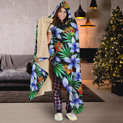 Blue Hawaiian Wildflowers Pattern Print Hooded Blanket