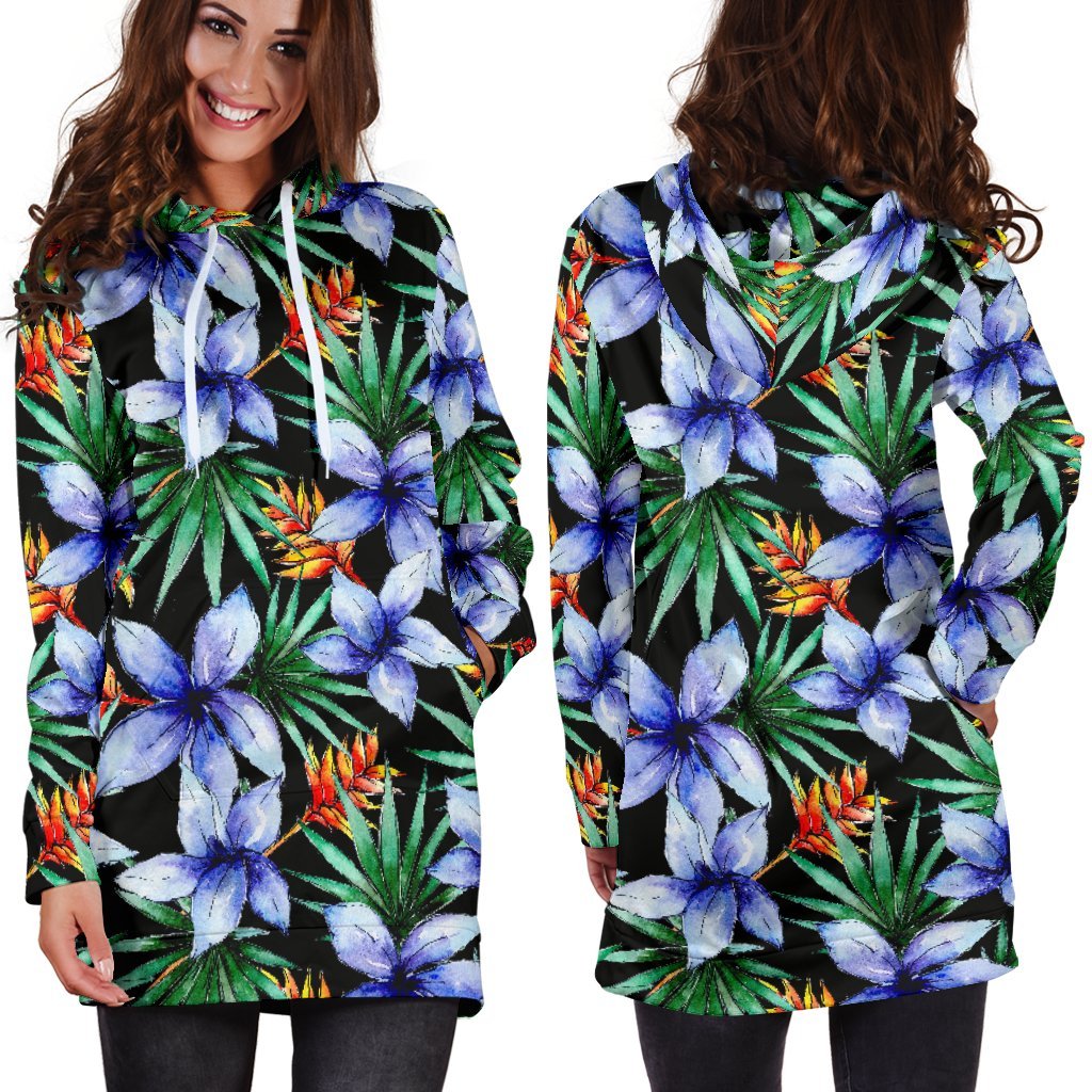 Blue Hawaiian Wildflowers Pattern Print Hoodie Dress GearFrost