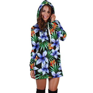 Blue Hawaiian Wildflowers Pattern Print Hoodie Dress GearFrost