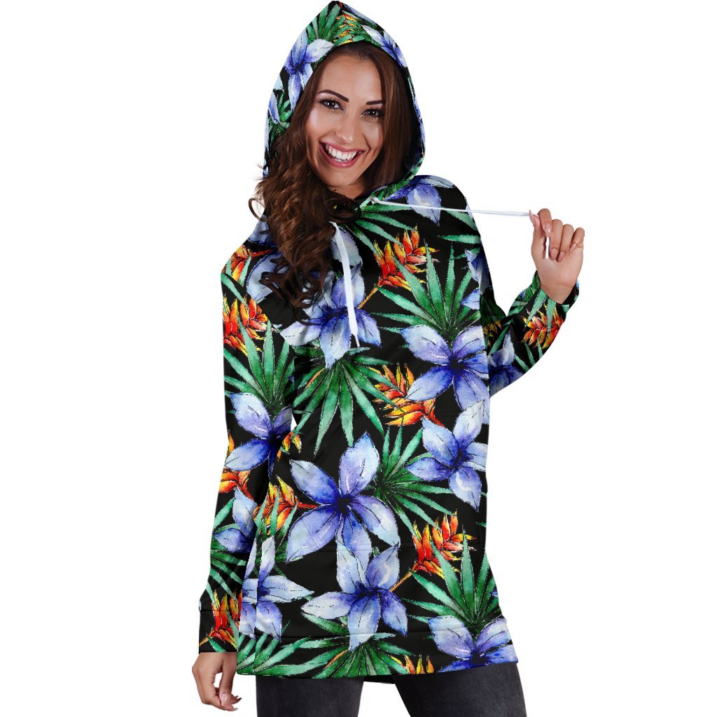 Blue Hawaiian Wildflowers Pattern Print Hoodie Dress GearFrost