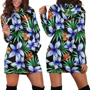 Blue Hawaiian Wildflowers Pattern Print Hoodie Dress GearFrost