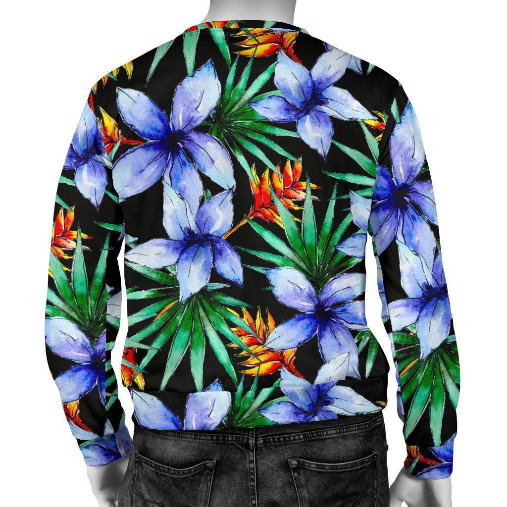 Blue Hawaiian Wildflowers Pattern Print Men's Crewneck Sweatshirt GearFrost