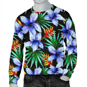 Blue Hawaiian Wildflowers Pattern Print Men's Crewneck Sweatshirt GearFrost