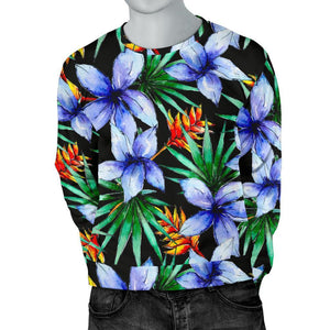 Blue Hawaiian Wildflowers Pattern Print Men's Crewneck Sweatshirt GearFrost