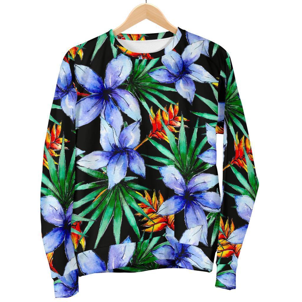 Blue Hawaiian Wildflowers Pattern Print Men's Crewneck Sweatshirt GearFrost