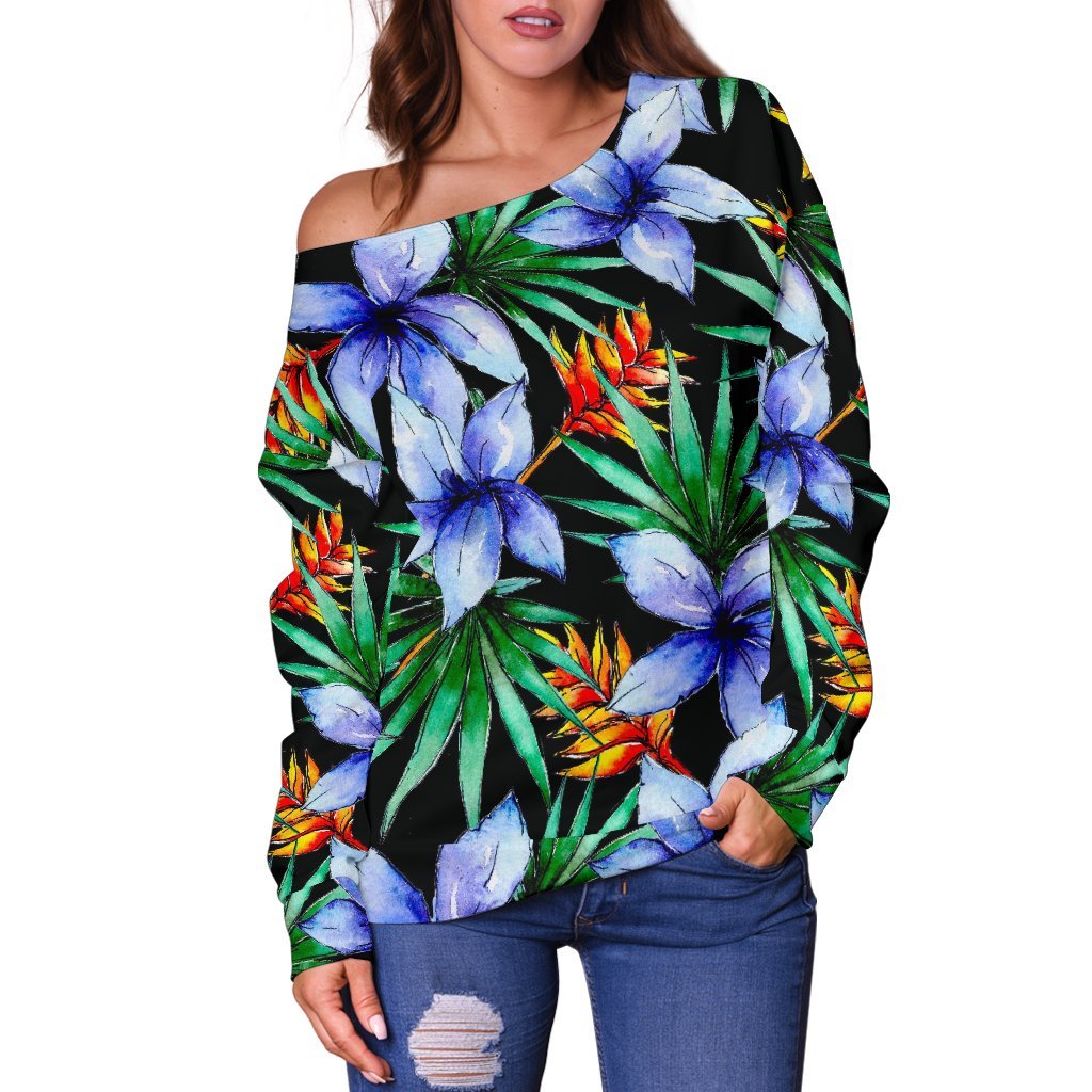 Blue Hawaiian Wildflowers Pattern Print Off Shoulder Sweatshirt GearFrost