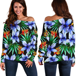 Blue Hawaiian Wildflowers Pattern Print Off Shoulder Sweatshirt GearFrost