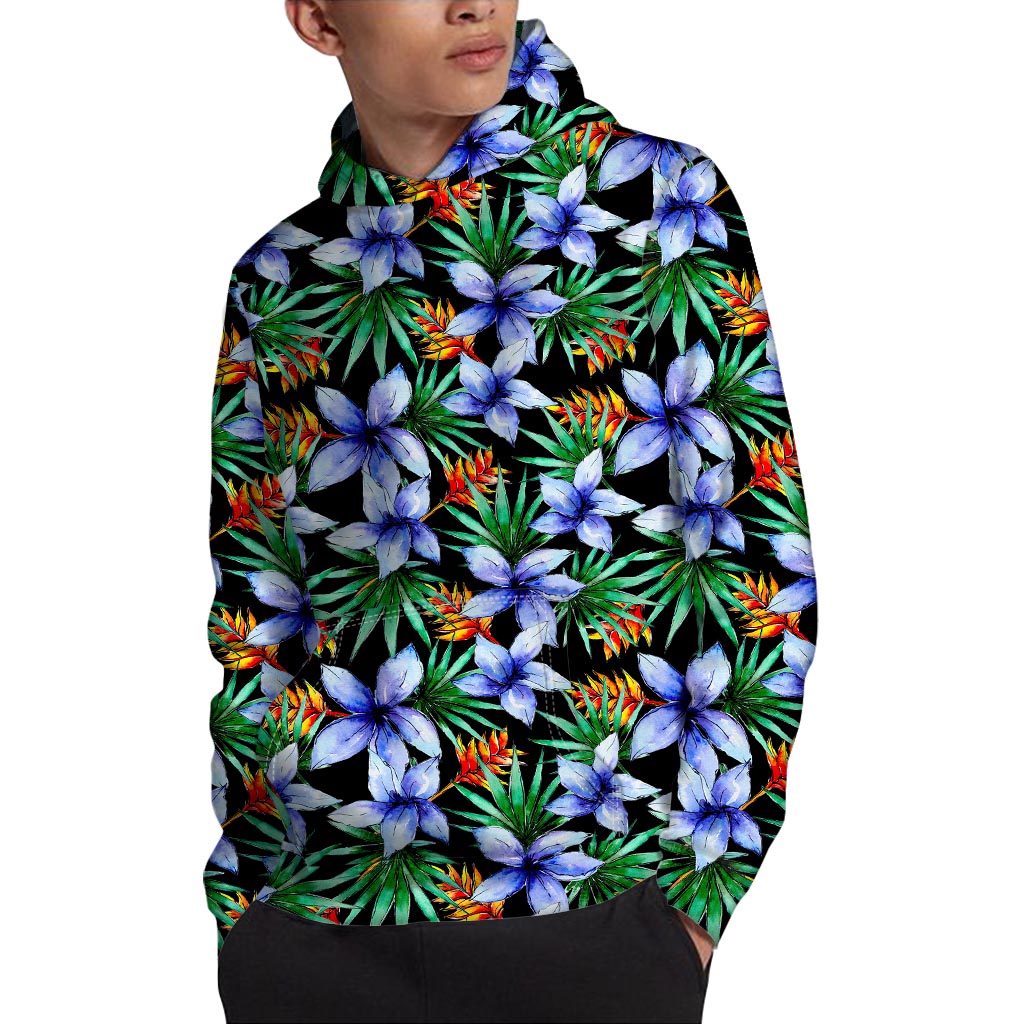 Blue Hawaiian Wildflowers Pattern Print Pullover Hoodie