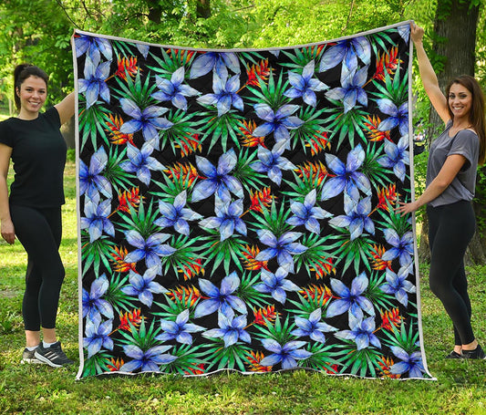 Blue Hawaiian Wildflowers Pattern Print Quilt