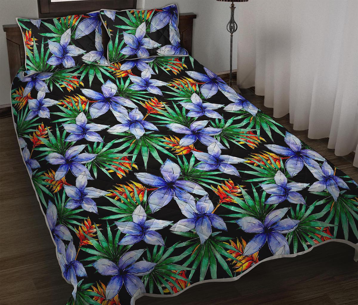 Blue Hawaiian Wildflowers Pattern Print Quilt Bed Set