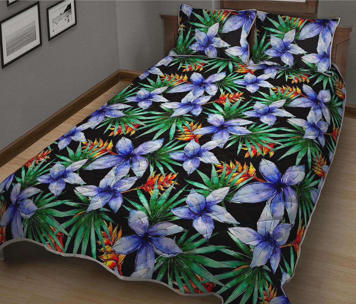 Blue Hawaiian Wildflowers Pattern Print Quilt Bed Set