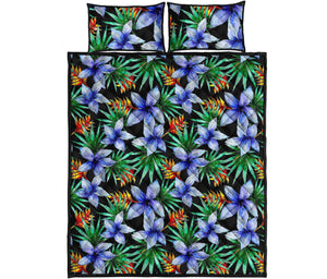 Blue Hawaiian Wildflowers Pattern Print Quilt Bed Set