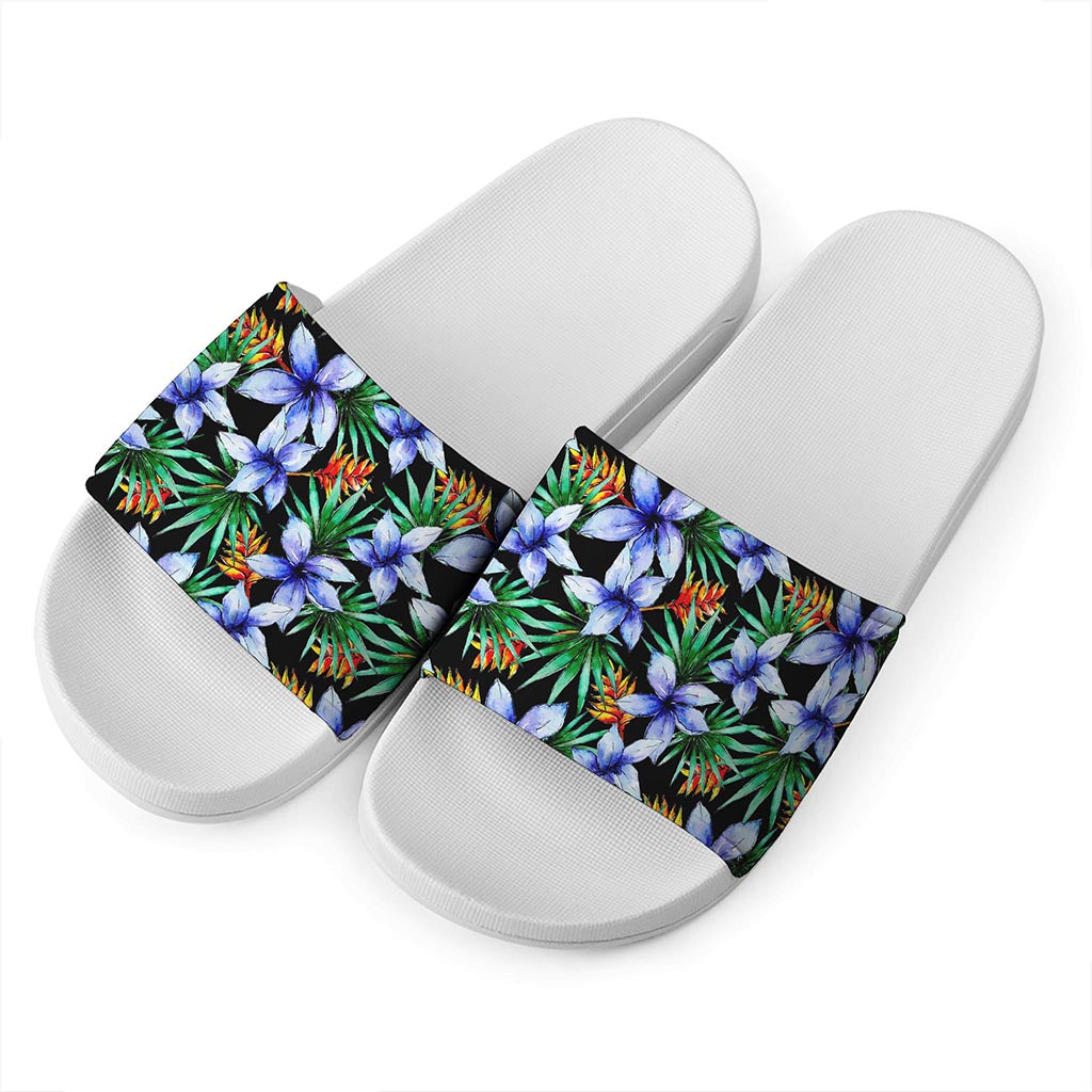 Blue Hawaiian Wildflowers Pattern Print White Slide Sandals