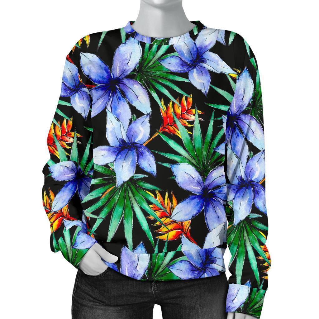 Blue Hawaiian Wildflowers Pattern Print Women's Crewneck Sweatshirt GearFrost