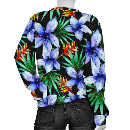 Blue Hawaiian Wildflowers Pattern Print Women's Crewneck Sweatshirt GearFrost