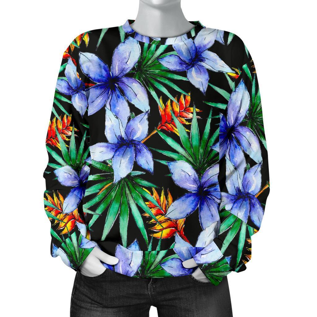 Blue Hawaiian Wildflowers Pattern Print Women's Crewneck Sweatshirt GearFrost